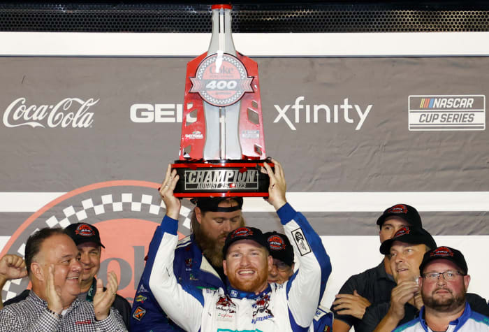 Chris Buescher celebrates after winning Saturday's Coke Zero Sugar 400 at Daytona International Speedway. (Photo by Chris Graythen/Getty Images)
